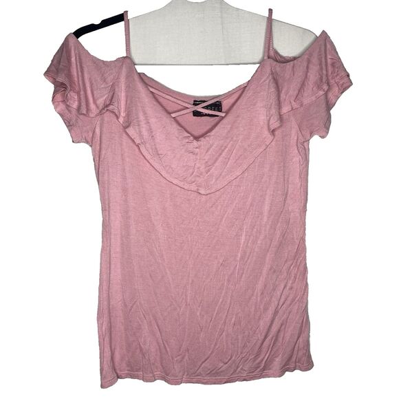 Discreet Blouse Cold Shoulder Cap Sleeve V-neck Stretch Womens Size XL Pink - Picture 1 of 8